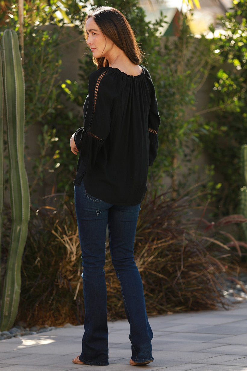 Crochet Blouse with Tie Neck - Black