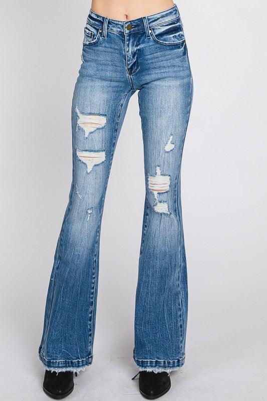 Mid Rise Distressed Tie Flare - Medium Blue ONLY 7(27) LEFT