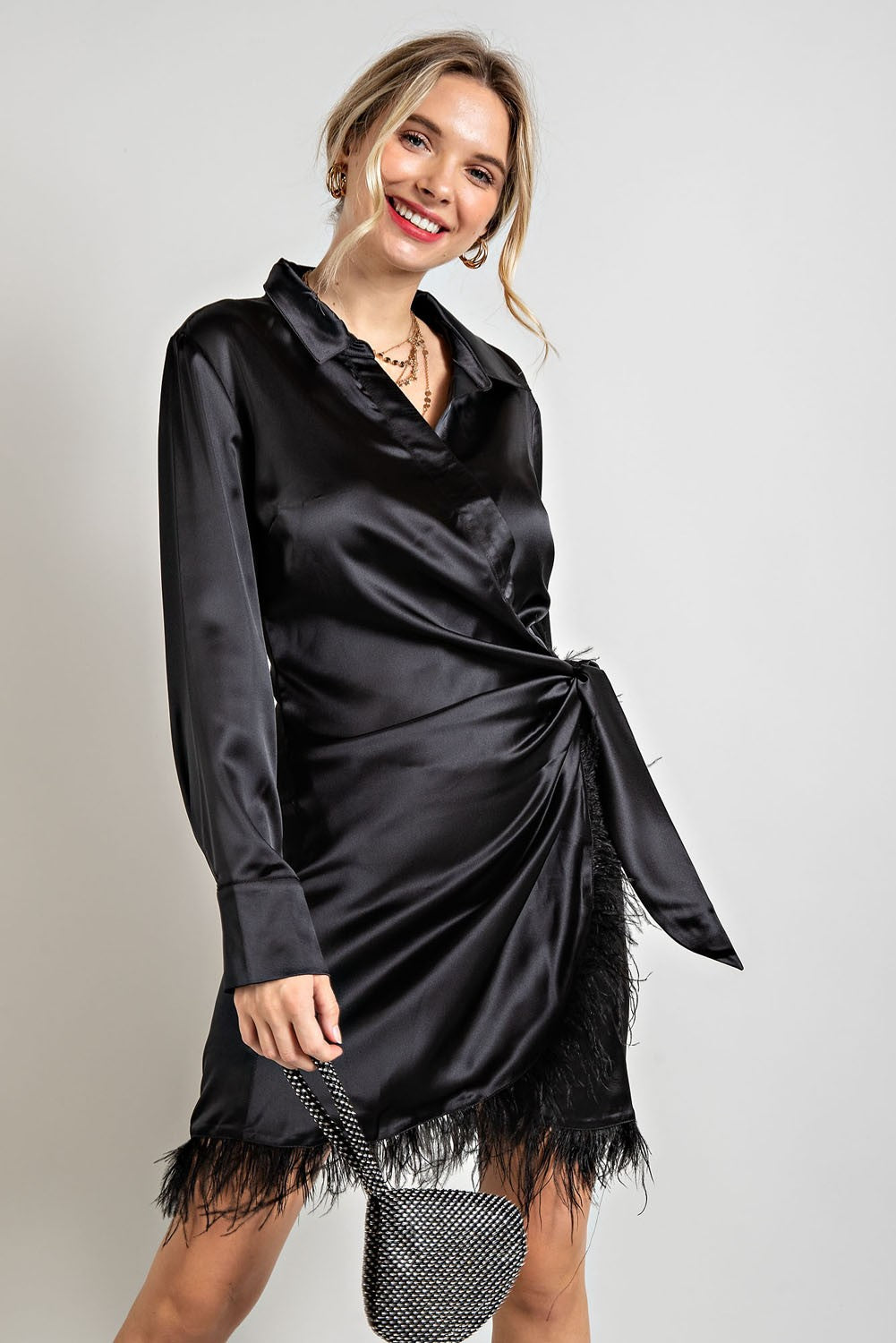 feather satin dress Black Warehouse Premium Satin Feather High Neck Swing Mini Dress