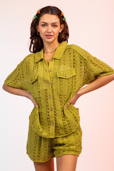 Crochet Shirt & Shorts Set - Avocado ONLY 1 SIZE SMALL LEFT