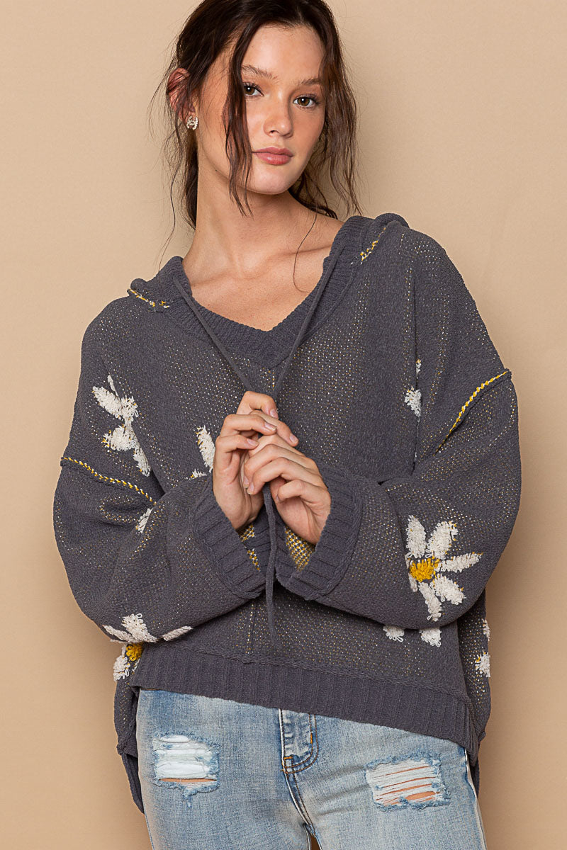 Flower Power Hoodie Sweater - Charcoal