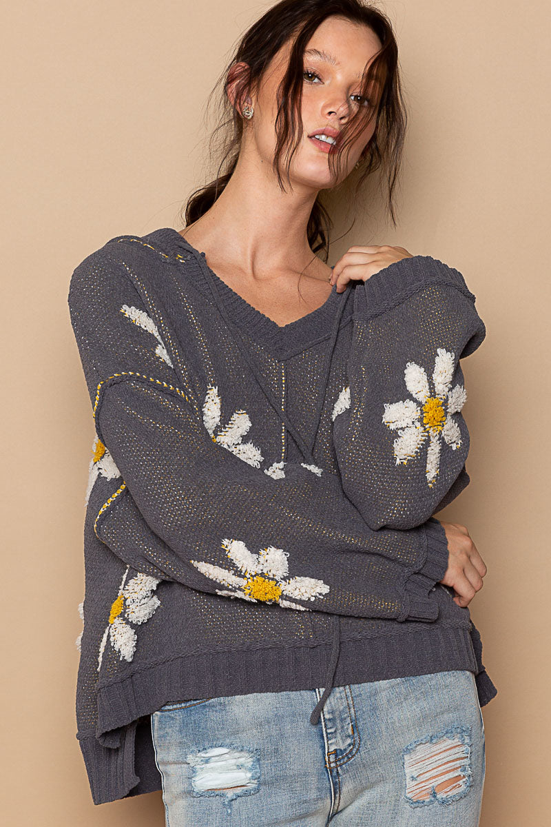 Flower Power Hoodie Sweater - Charcoal