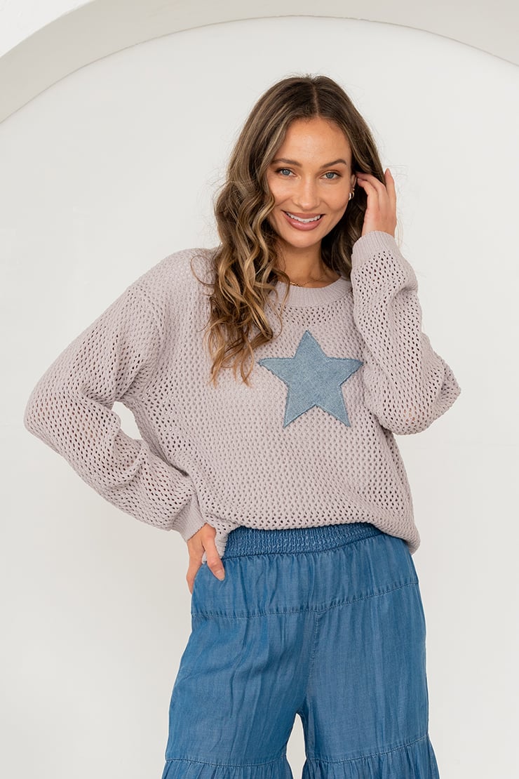 Open Knit Denim Star Top - Grey/Denim