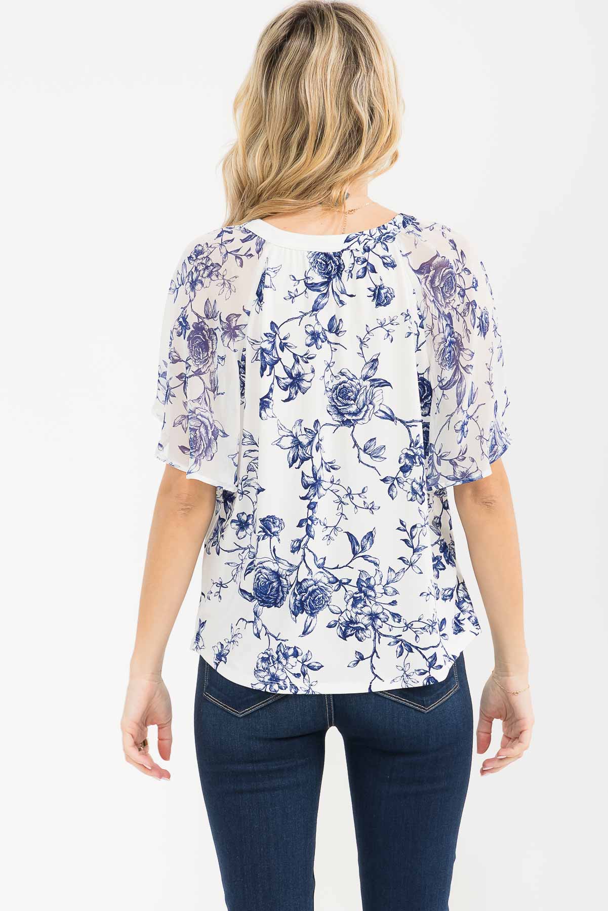 Floral Mixed Media Peasant Top - Ivory/Navy