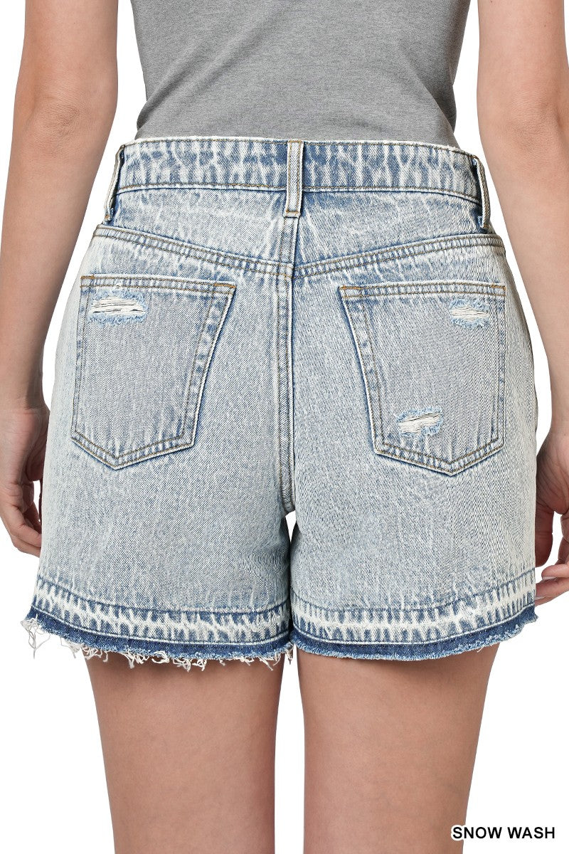 Distressed Raw Hem Denim Shorts - Snow Wash