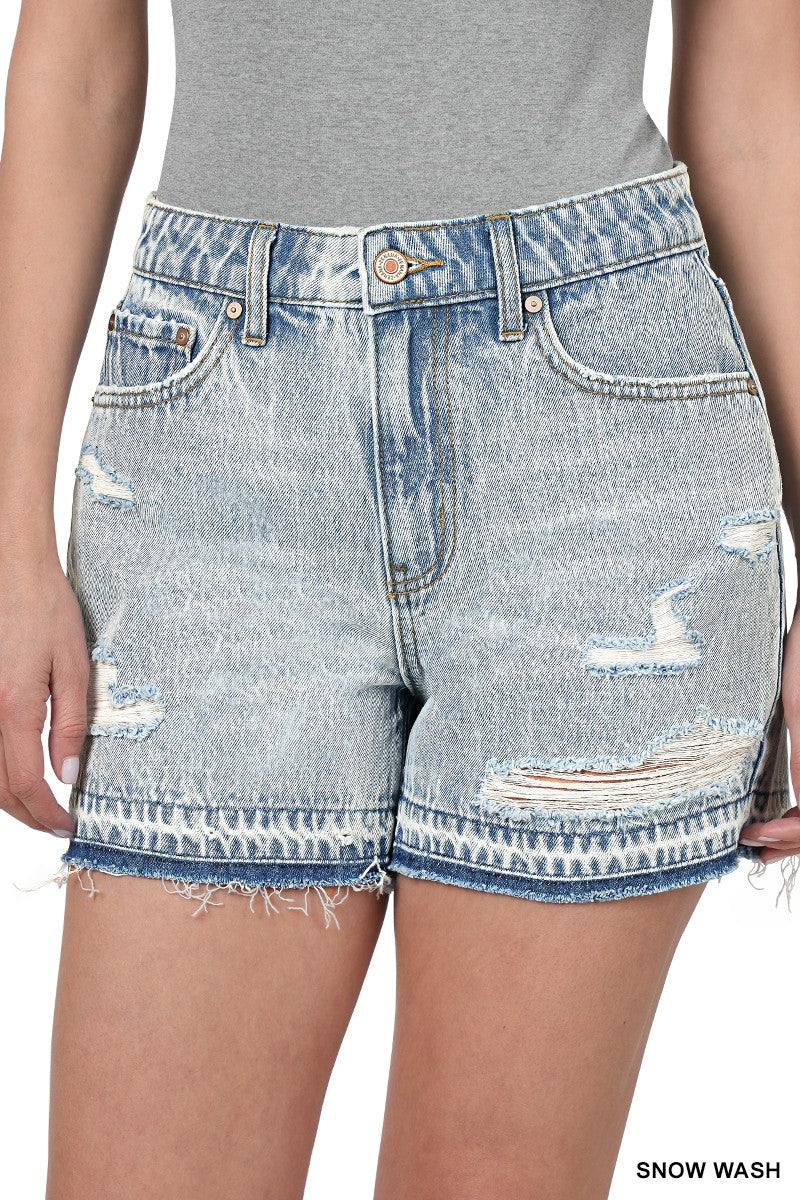 Distressed Raw Hem Denim Shorts - Snow Wash