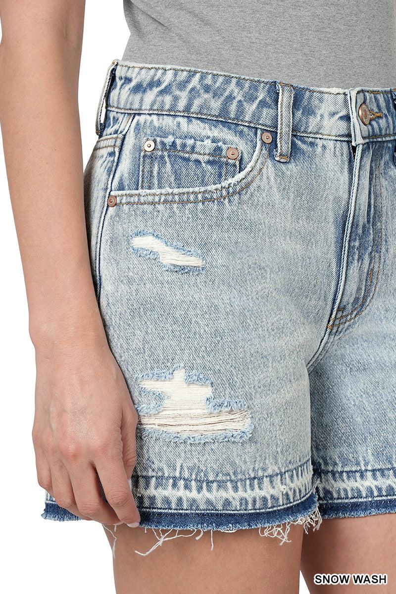 Distressed Raw Hem Denim Shorts - Snow Wash