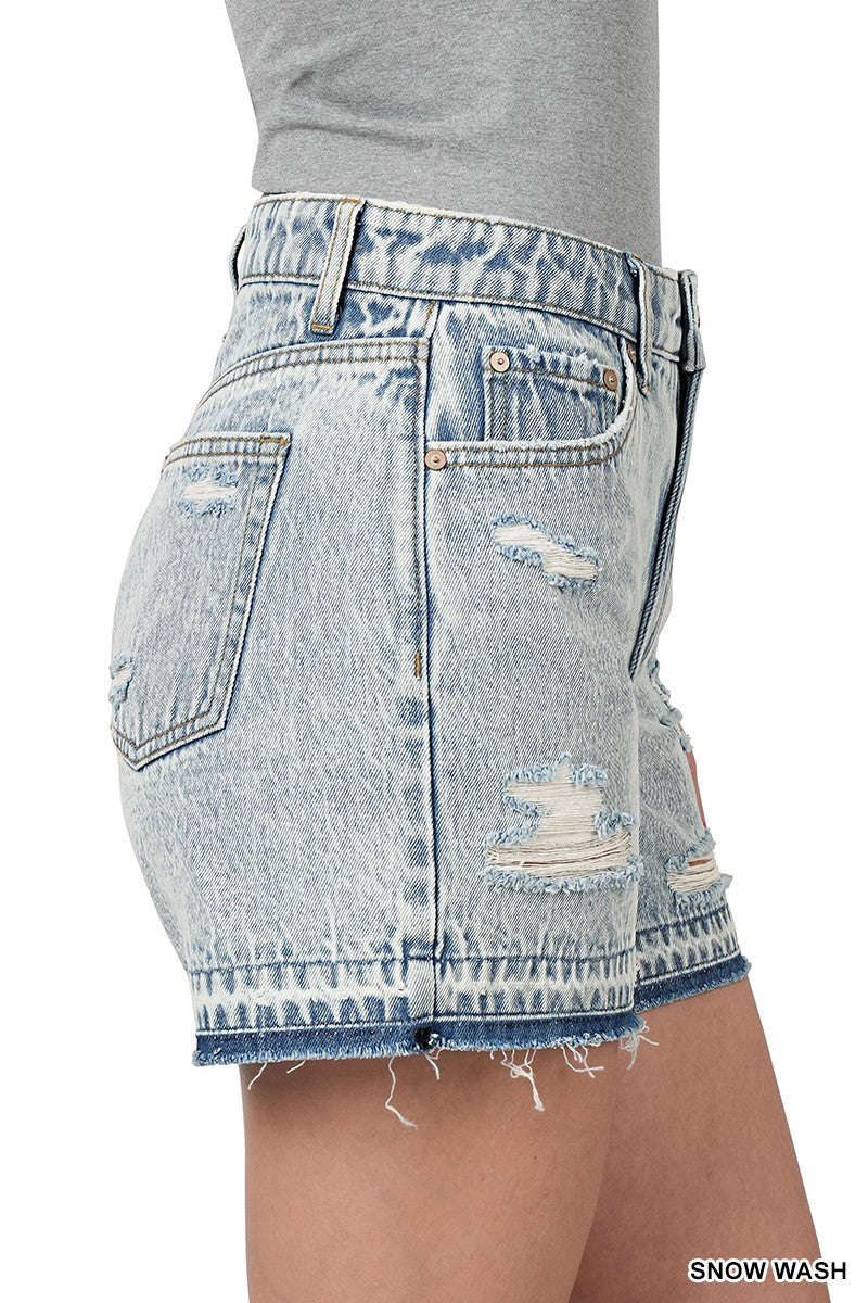 Distressed Raw Hem Denim Shorts - Snow Wash