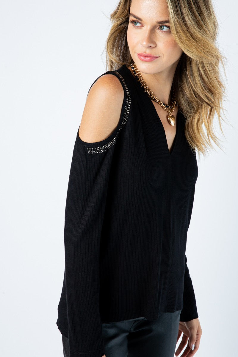 Rhinestone Cold Shoulder Top - Black