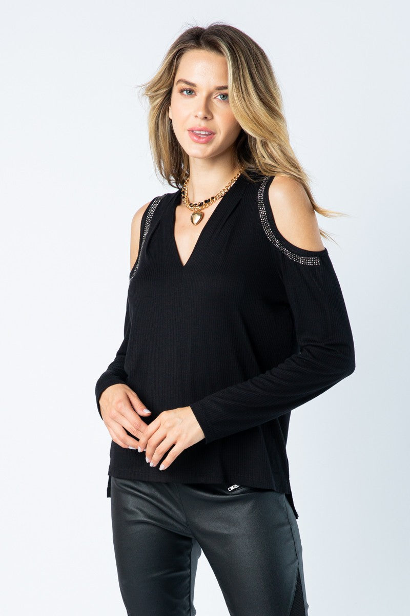 Rhinestone Cold Shoulder Top - Black