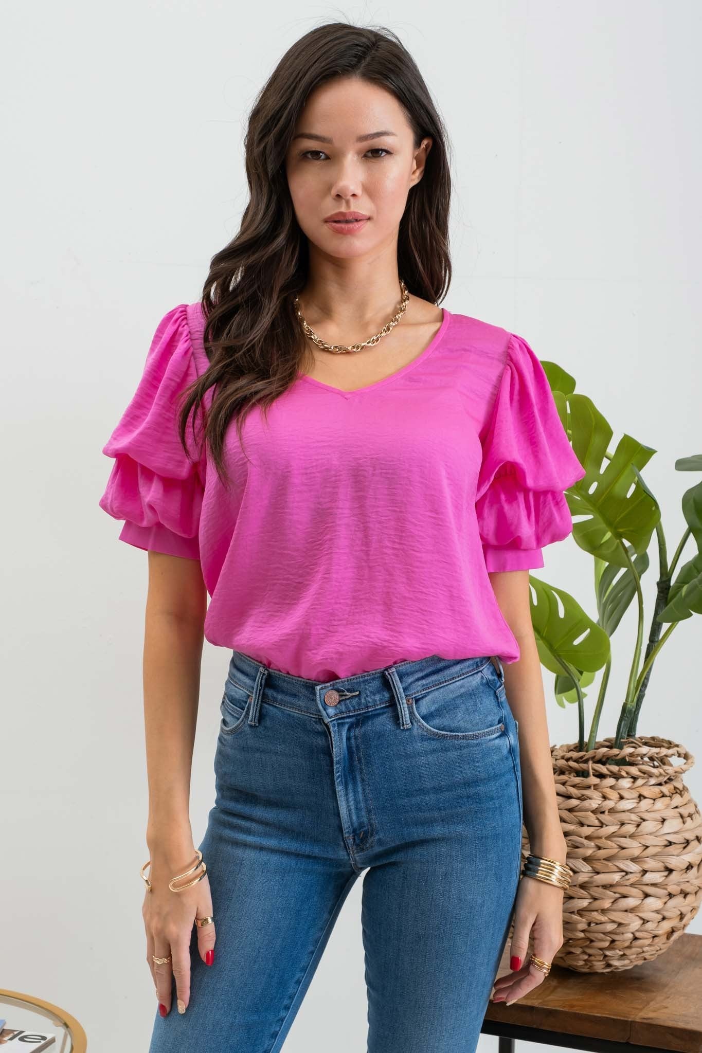 Layered Balloon Sleeve Top - Bright Pink