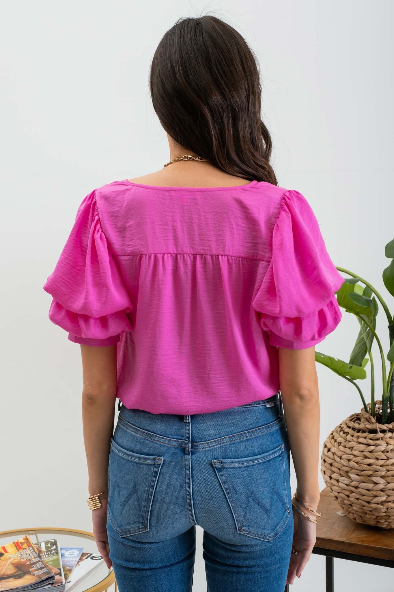 Layered Balloon Sleeve Top - Bright Pink