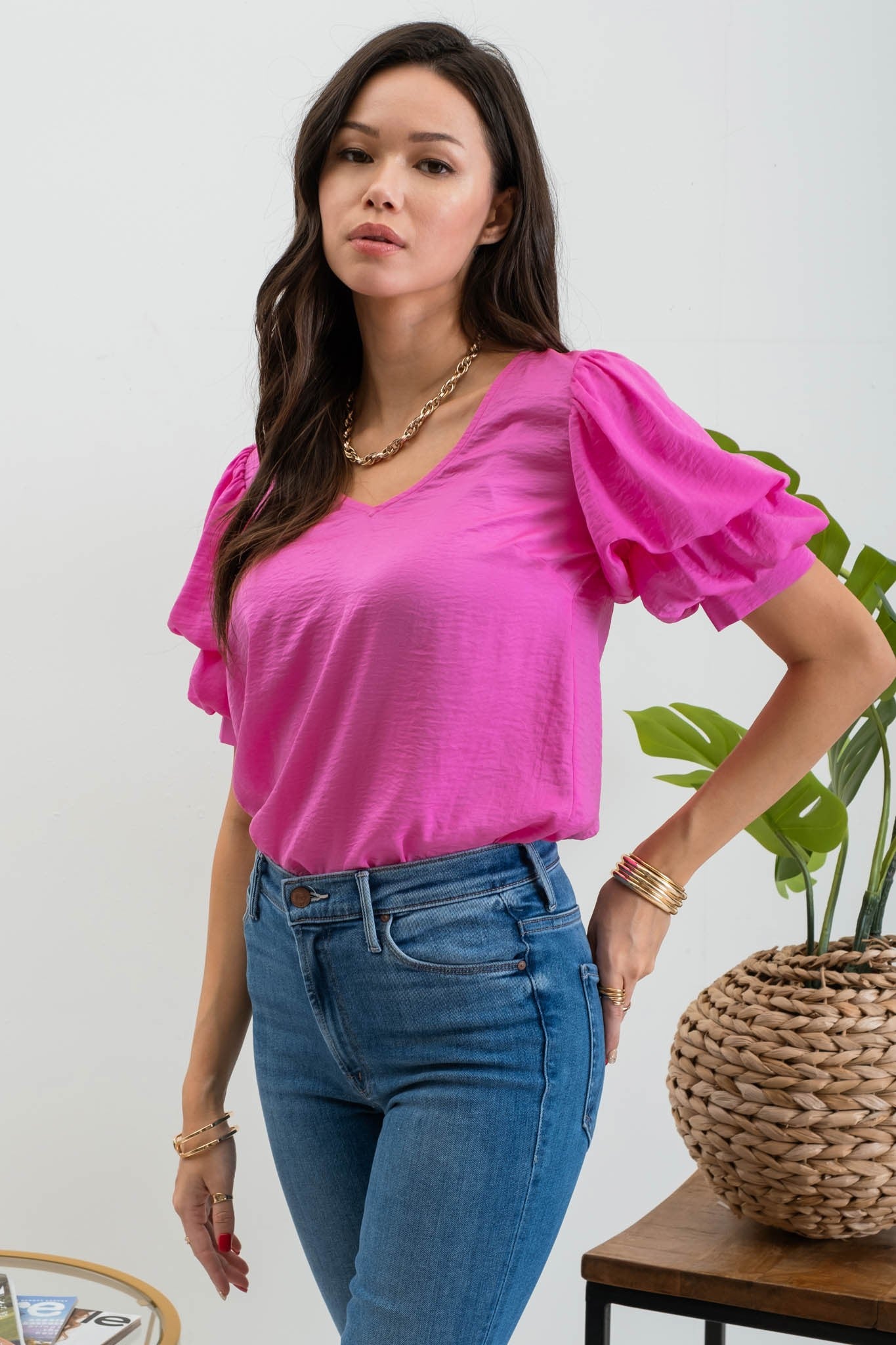 Layered Balloon Sleeve Top - Bright Pink