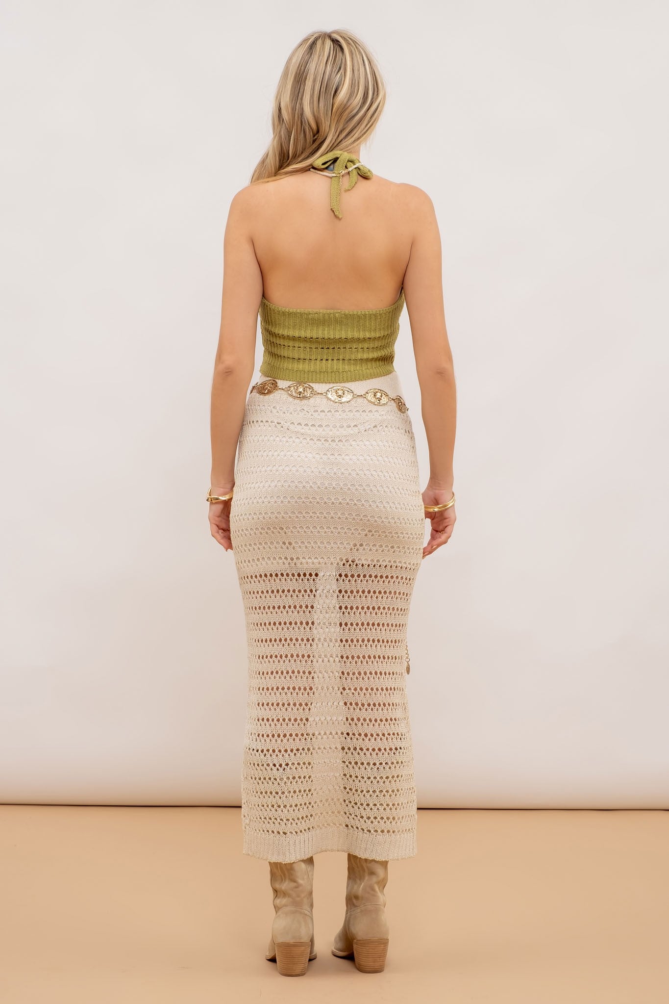 Crochet Sheer Knit Midi Skirt - Natural