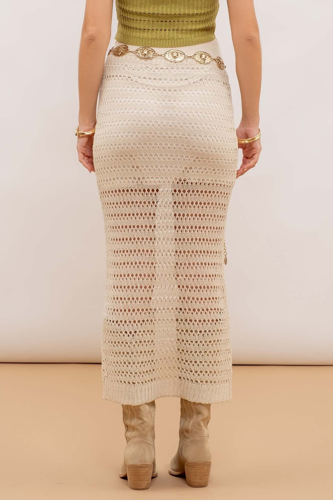 Crochet Sheer Knit Midi Skirt - Natural