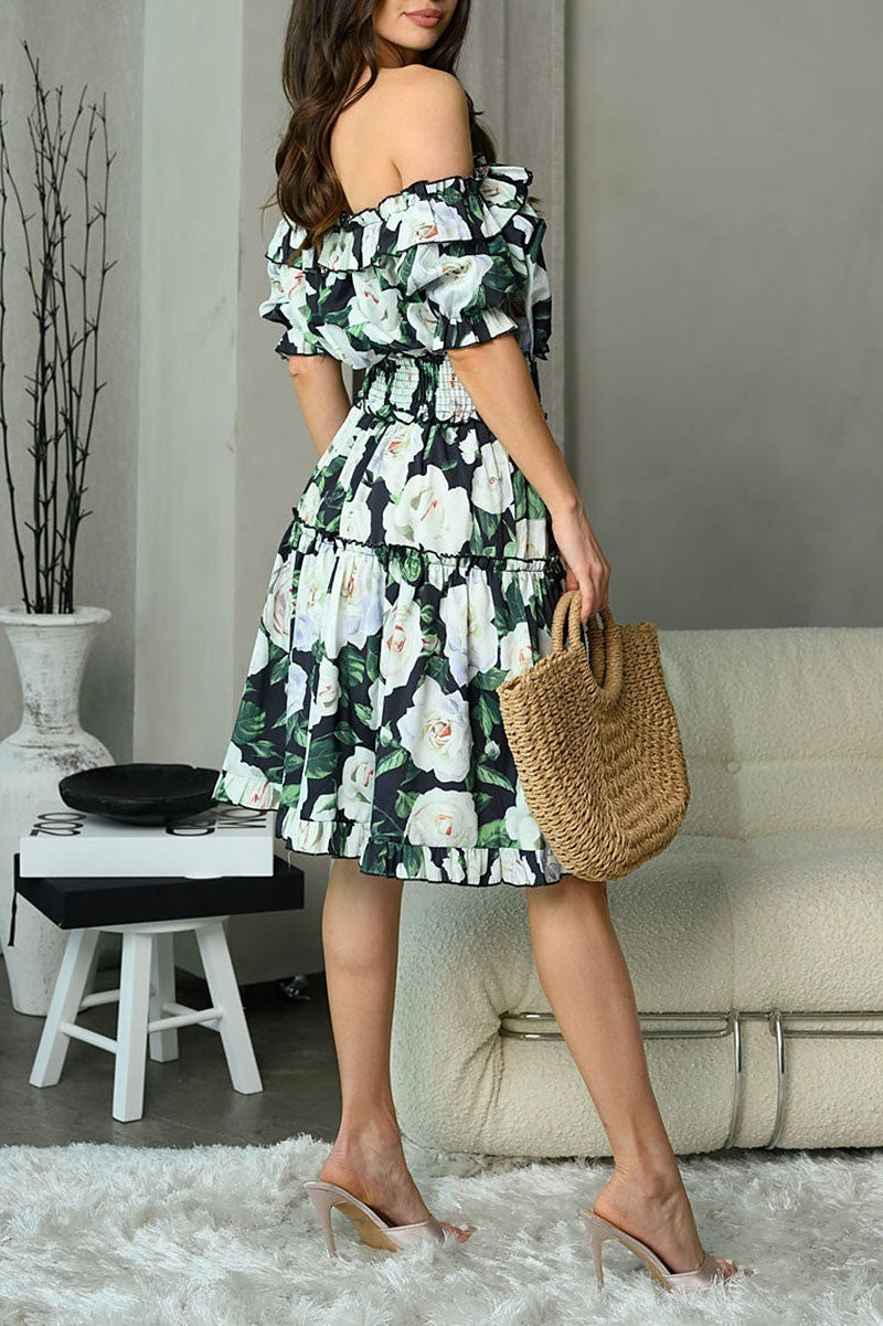 Off the Shoulder Dress - White & Green Floral