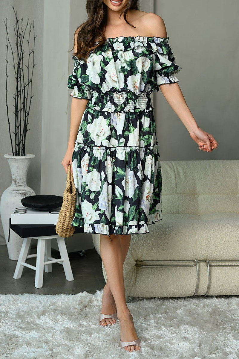 Off the Shoulder Dress - White & Green Floral