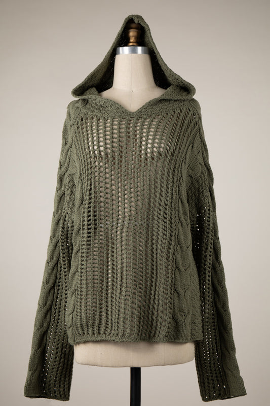 Braided Crochet Hoodie Sweater - Sage