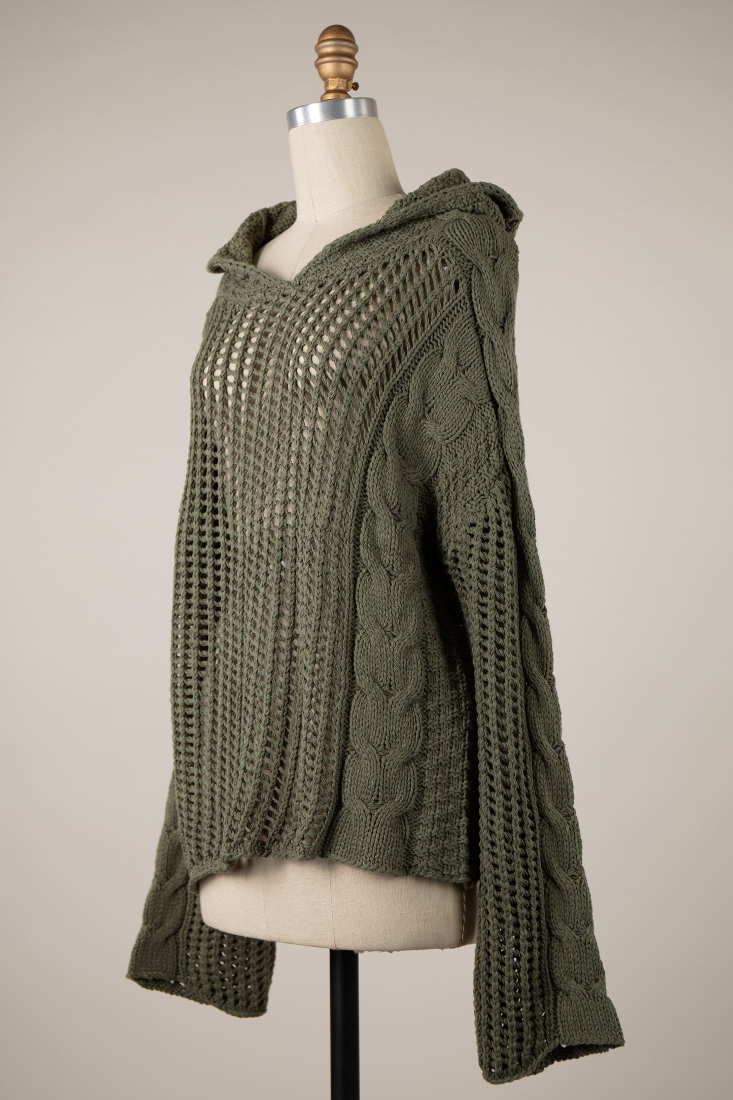 Braided Crochet Hoodie Sweater - Sage