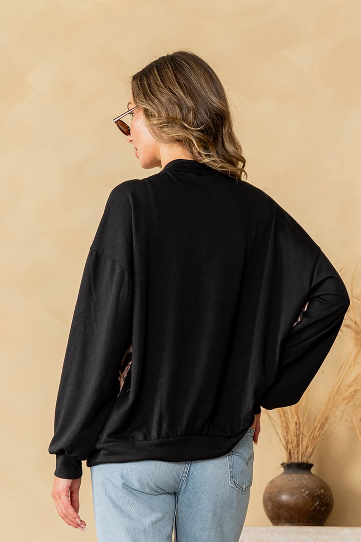 Animal Print Zip Up Top - Black/Brown