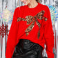 Sequin Leopard Bow Sweater - Red