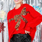 Sequin Leopard Bow Sweater - Red