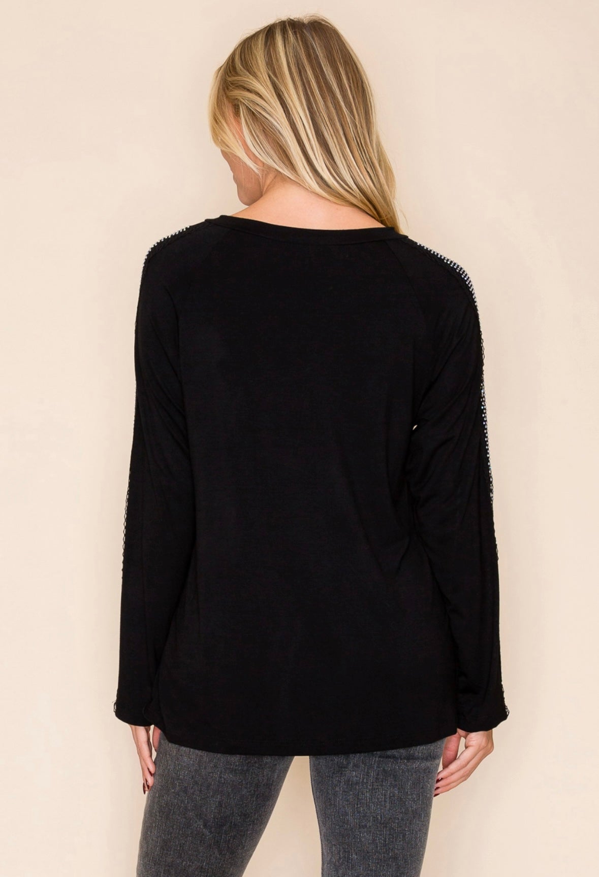 Rhinestone Sleeve Top - Black