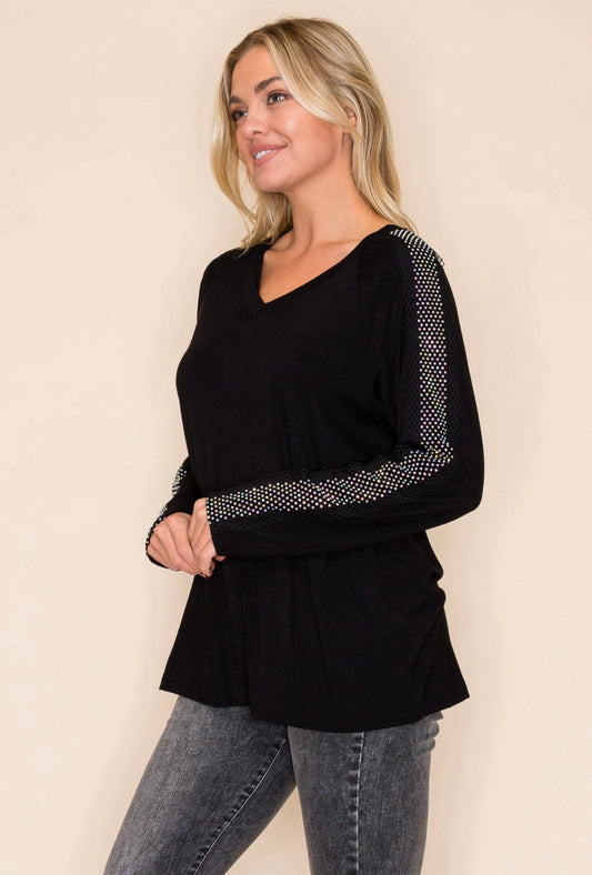 Rhinestone Sleeve Top - Black