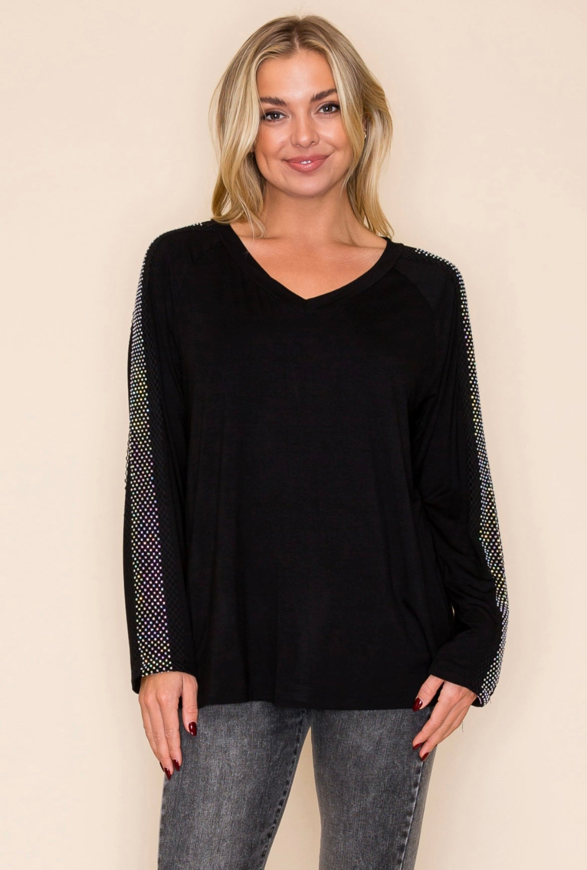 Rhinestone Sleeve Top - Black