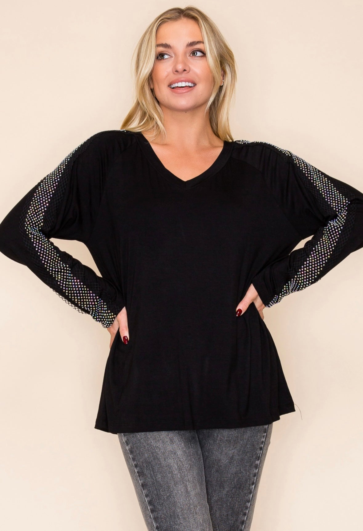 Rhinestone Sleeve Top - Black