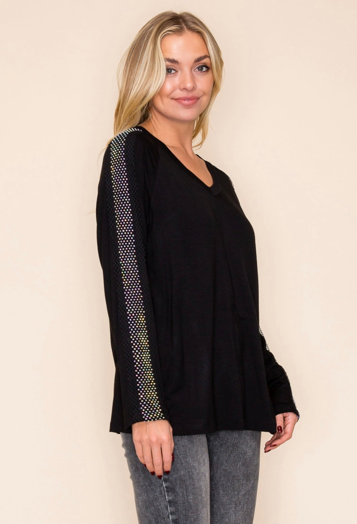 Rhinestone Sleeve Top - Black