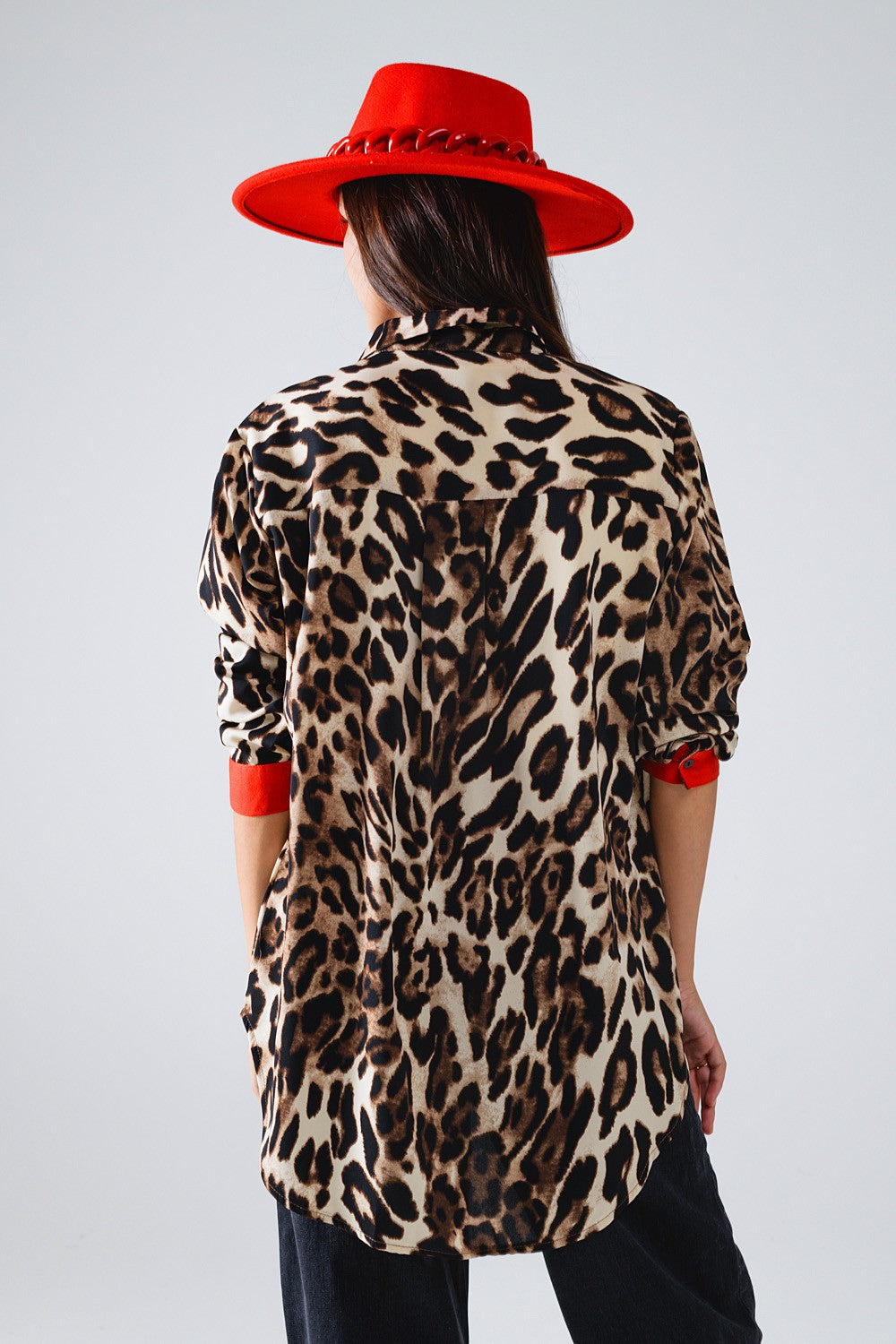 Leopard Blouse with Red Detail - Brown