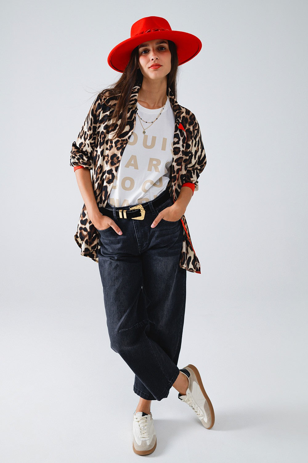 Leopard Blouse with Red Detail - Brown