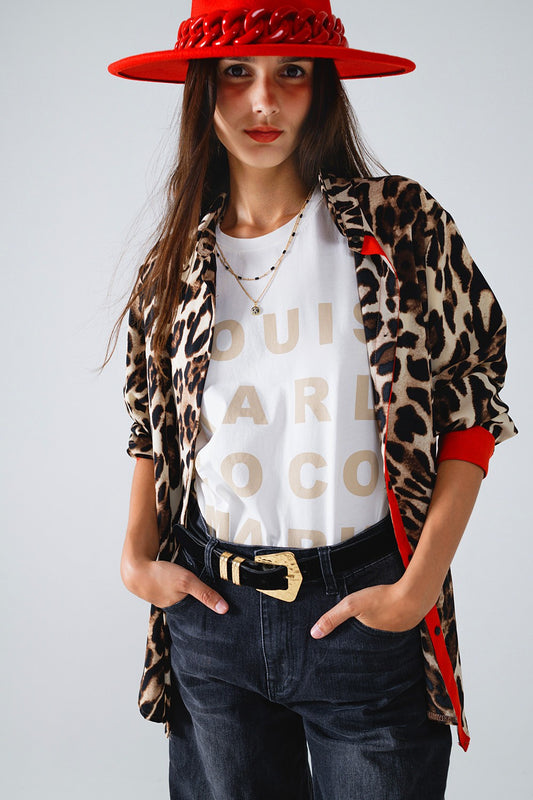 Leopard Blouse with Red Detail - Brown