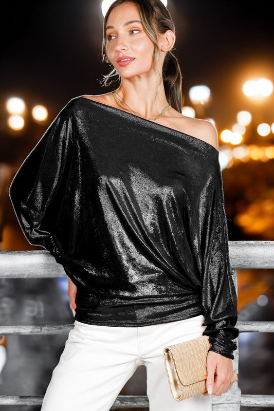 Metallic Off the Shoulder Top - Black