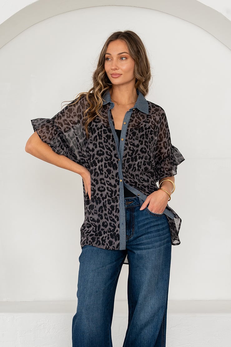 Leopard Chiffon Top - Charcoal/Denim