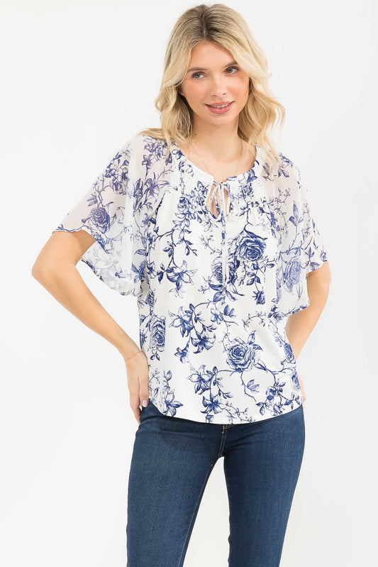 Floral Mixed Media Peasant Top - Ivory/Navy