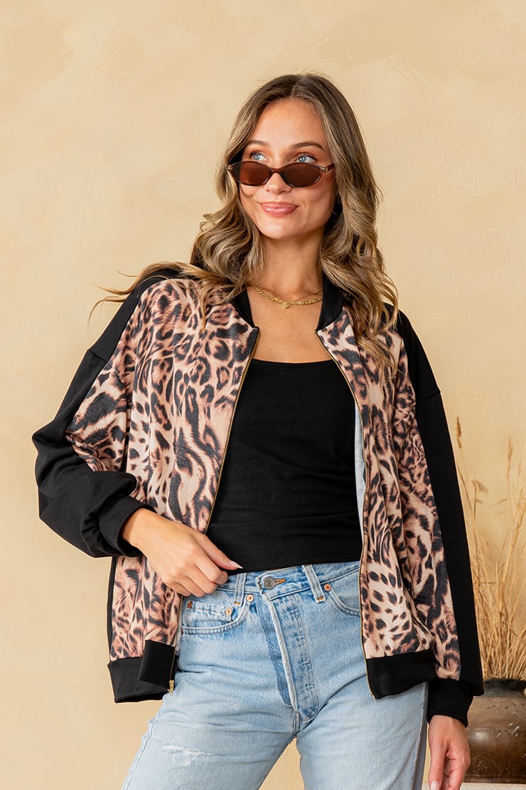 Animal Print Zip Up Top - Black/Brown