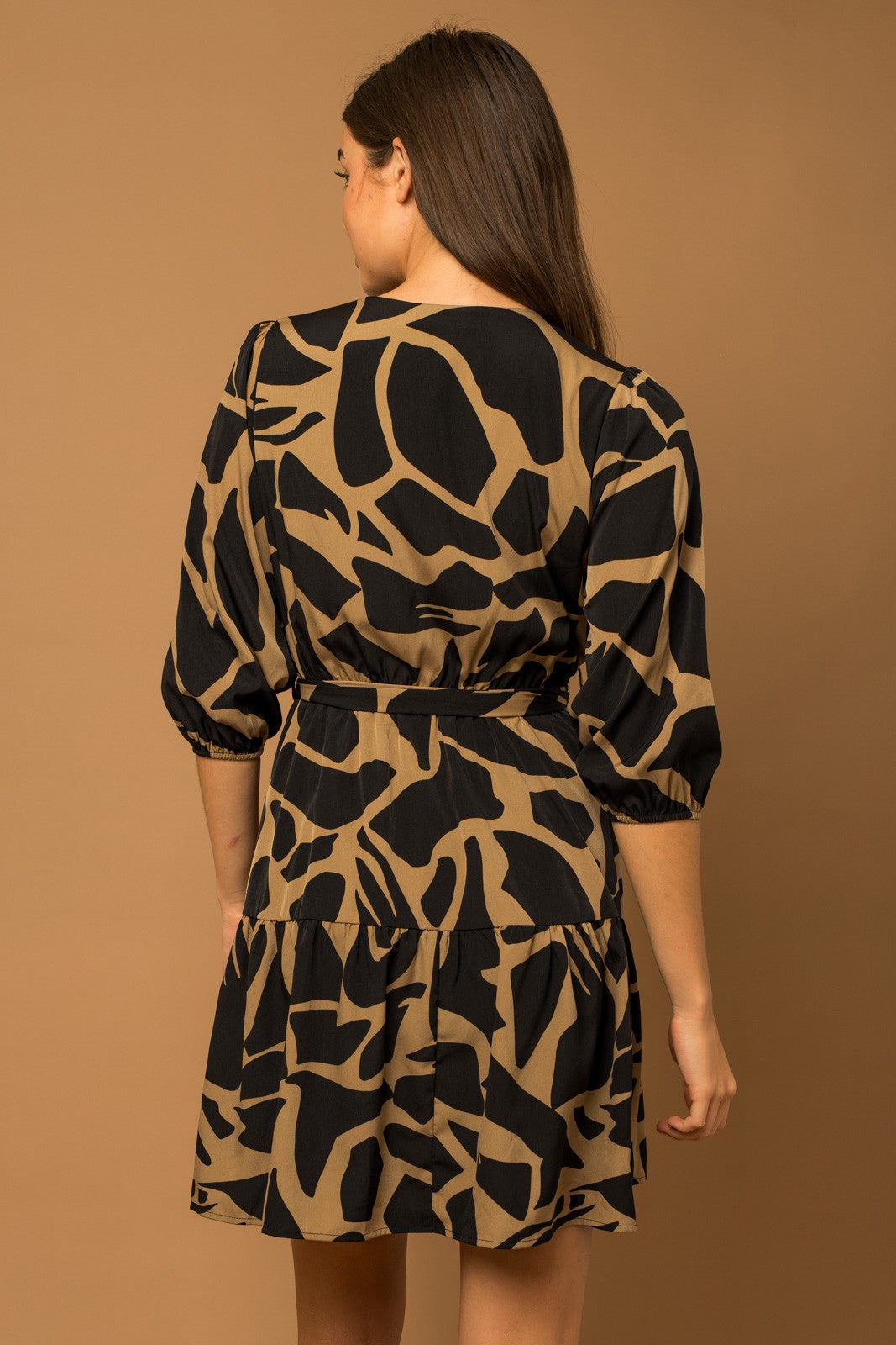 3/4 Sleeve Surplice Abstract Print Dress - Black/Taupe