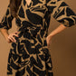 3/4 Sleeve Surplice Abstract Print Dress - Black/Taupe