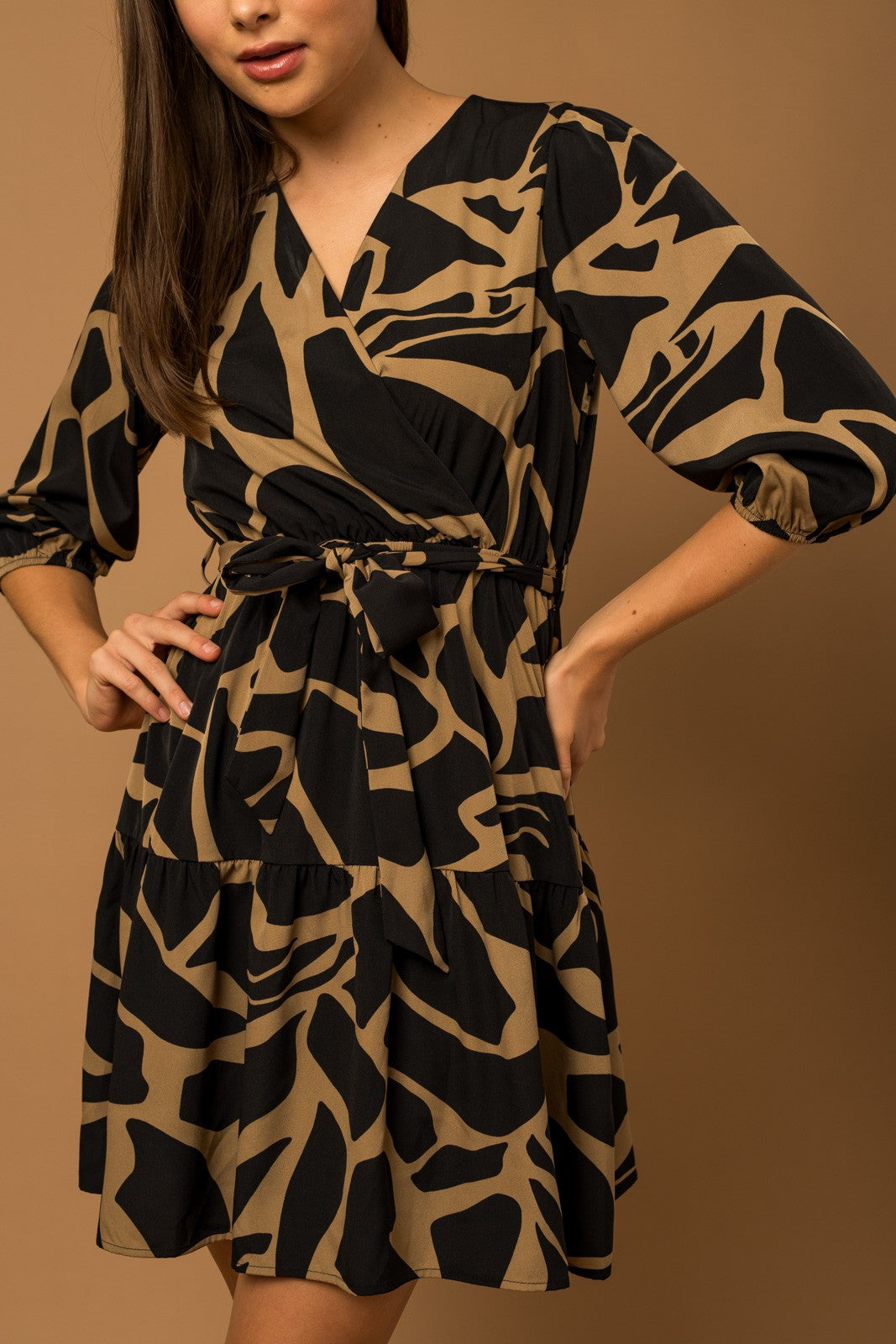 3/4 Sleeve Surplice Abstract Print Dress - Black/Taupe