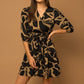 3/4 Sleeve Surplice Abstract Print Dress - Black/Taupe