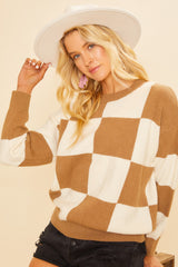 Checkerboard Sweater - Mocha/Ivory