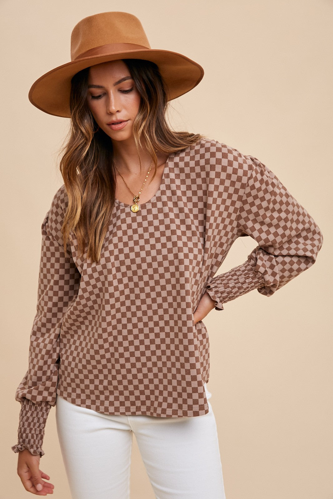 Checkerboard Smocking Cuffs Top - Mocha Only 1 XL left