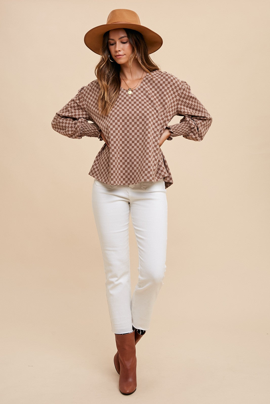 Checkerboard Smocking Cuffs Top - Mocha Only 1 XL left