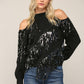 Sequin Fringe Trimmed Cold Shoulder Sweater - Black ONLY 1 MEDIUM LEFT