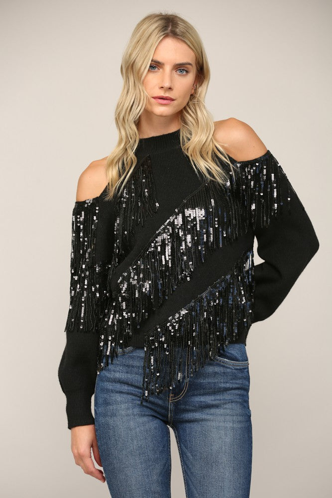 Sequin Fringe Trimmed Cold Shoulder Sweater - Black ONLY 1 MEDIUM LEFT