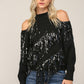 Sequin Fringe Trimmed Cold Shoulder Sweater - Black ONLY 1 MEDIUM LEFT