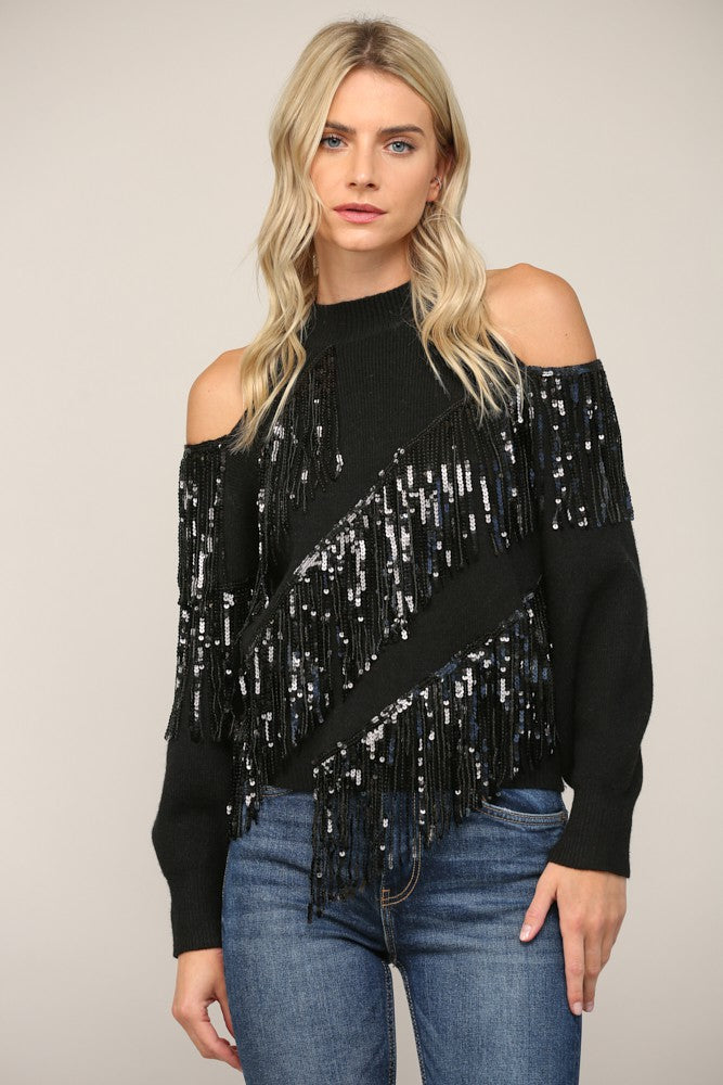 Sequin Fringe Trimmed Cold Shoulder Sweater - Black ONLY 1 MEDIUM LEFT