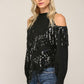 Sequin Fringe Trimmed Cold Shoulder Sweater - Black ONLY 1 MEDIUM LEFT